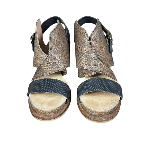 Anthro Coque Terra Sanne Heels Womens 39 Black Brown Shimmer Leather Sandals - Picture 5 of 14